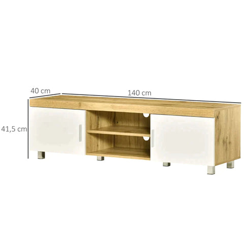 Rootz TV Stand - Lowboard - 2 Cabinets - 2 Shelves - MDF - White + Natural - 140 cm × 40 cm × 41.5 cm