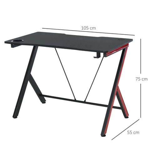 Rootz Gaming Table - Desk with Headphone Hook - Drink Holder - Computer Desk - Steel + MDF - Black - 105 x 55 x 75 cm