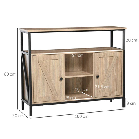 Rootz Sideboard In Industrial Design - 2 Cupboards - 2 Shelves - 1 Storage Shelf - Natural + Black - 100cm x 30cm x 80cm