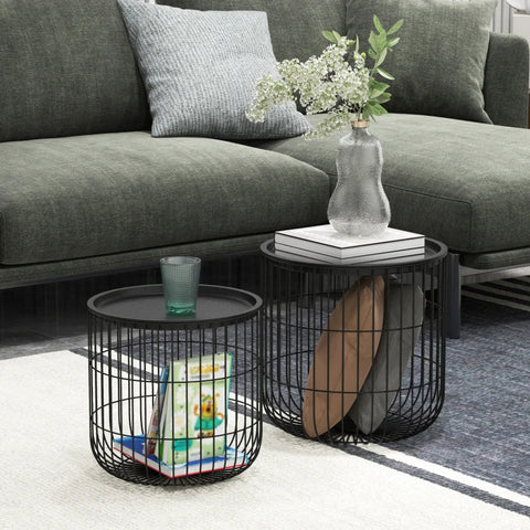 Rootz Set Of 2 Side Tables In Scandi Design - With Storage Space - Stackable - Comfortable Couch - Steel - Black - 40cm x 40cm x 40cm
