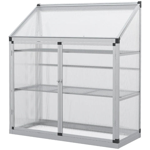 Rootz Greenhouse with Foundation Frame - Polycarbonate Housing - 2 Shelves - Aluminum Frame - Silver - 131 x 58 x 139.5 cm