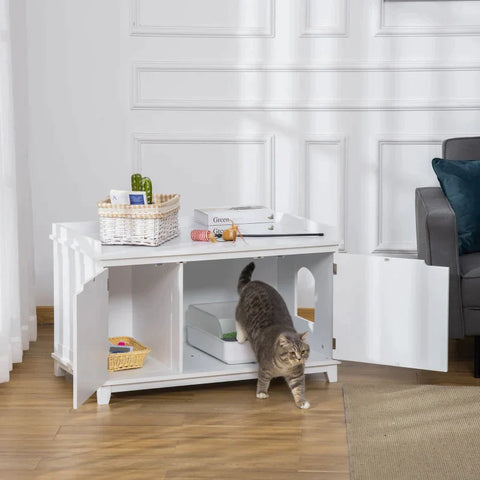 Rootz Litter Box - Cat Cabinet - Litter Box Cat House - Chest Of Drawers Cat Cave - With Partition Cabinet - MDF - White - 95.4 x 54 x 57.5 cm