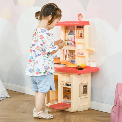 Rootz Children's Kitchen with Accessories - Play Kitchen - Kitchen Toys - Misting Water Spray - Lights - Music Functions Toy Set - Pink/Beige - 60 x 27 x 84 cm