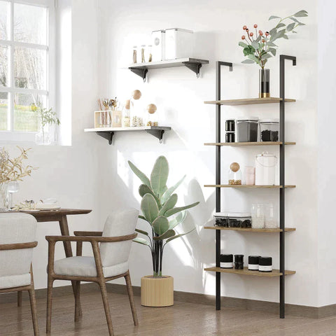 Rootz Shelf - Bookshelf - Wall Mounted Ladder Shelf - Industrial Design - 5 Shelves - Chipboard/Metal - Brown/Black - 60 cm x 30 cm x 184.5 cm