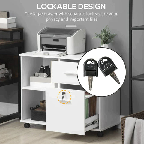 Rootz Office Cabinet - Printer Cabinet - Filing Cabinet With Wheels - Lockable Drawer - A4 Size Documents - White - 80 x 40 x 66.5cm