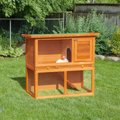 Rootz Small Animal Hutch - Rabbit Hutch - 2-Tier Rabbit Hutch - Wooden Guinea Pig Hutch - Double Decker Pet Cage - Run with Sliding Tray - Yellow + Green - 90cm x 45cm x 80cm