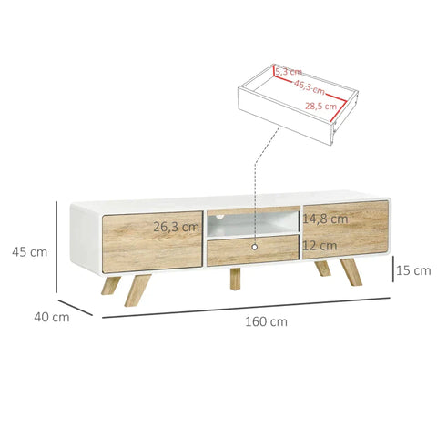 Rootz TV Cabinet - TV Stand - TV Lowboard Chest - Living Room Drawer - White/Natural - 160 x 40 x 45 cm