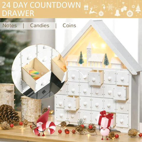Rootz Christmas Advent Calendar - Christmas Calendar With LED Lights - With 24 Draw Boxes - 2-in-1 Design Christmas Decoration - White - 39 x 9 x 42 cm