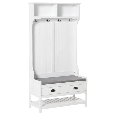 Rootz Wardrobe With Bench - Coat Hooks Wardrobe - 4 Coat Hooks - 2 Drawers Wardrobe - Modern Wardrobe Design - Storage and Seating Solution - White + Gray - 89L x 42W x 172H cm