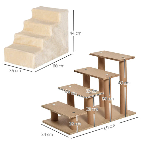 Rootz Pet Stairs - 4-Step Dog Ramp with Removable Cover - Cat Stairs - Dog Stairs - Animal Stairs - Chipboard - Plush - Beige - 60 x 35 x 44 cm
