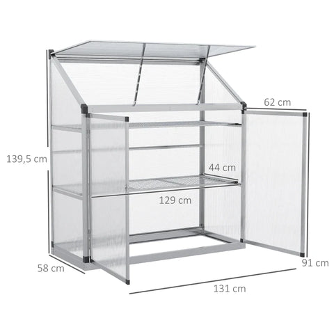 Rootz Greenhouse with Foundation Frame - Polycarbonate Housing - 2 Shelves - Aluminum Frame - Silver - 131 x 58 x 139.5 cm