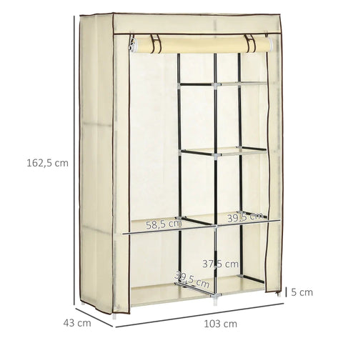 Rootz Fabric Wardrobe - Closet - Bedroom - Non-woven Fabric - Storage Solution - Plastic Connectors - 6 Shelves - 1 Clothes - Cream - 103L x 43W x 162.5H cm