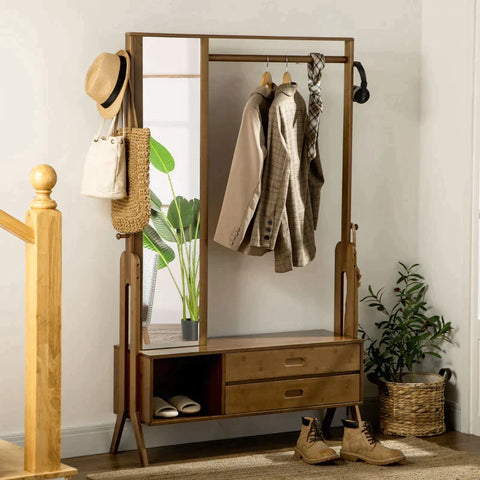 Rootz Kapstok - Kapstok Met 2 Laden - 1 Spiegel - 1 Kledingstang - 1 Schoenenbank - Bamboe - 113 cm x 33 cm x 169,5 cm