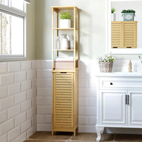 Rootz Bathroom Cabinet - Tall Cabinet - Bathroom Floor Cabinet - Three Shelves - One Cabinet Compartment - With Louvered Door - Natural - 34 x 30 x 173cm