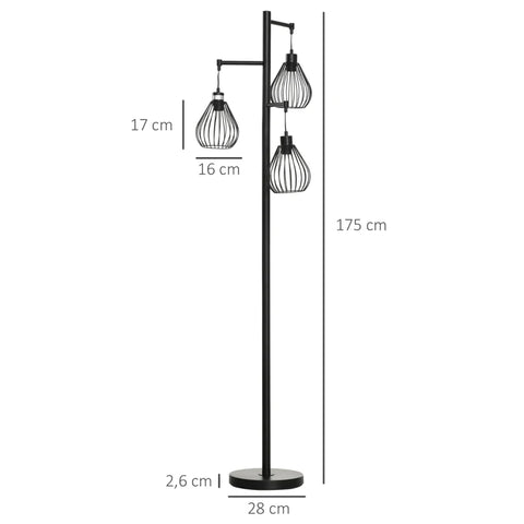 Rootz Floor Lamp - 3 Flames - Lattice Shade - Foot Switch - E27 Socket - Metal - Black - 48 x 42 x 175 cm