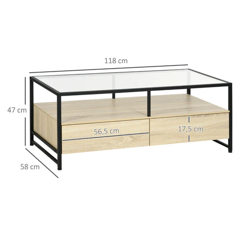 Rootz Coffee Table - Modern Design - 2 Drawers - 2 Shelves - Black Steel Legs - Side Table - Chipboard - Natural + Black - 118L x 58W x 47H cm