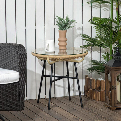 Rootz Garden Table - Boho Style Garden Table - PE Rattan - Tempered Glass - Weather Resistant - Black + Brown - 50cm x 50cm x 50cm