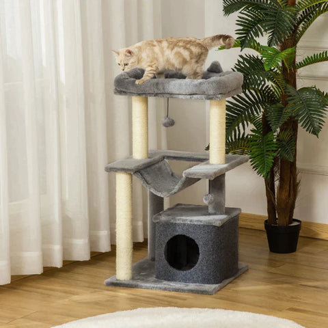 Rootz Krabpaal - Krabpaal Met Hangmat - Speelboom - Kattengrot - Kattenklimboom - Pluche Sisal - Grijs - 48L x 48B x 90H cm