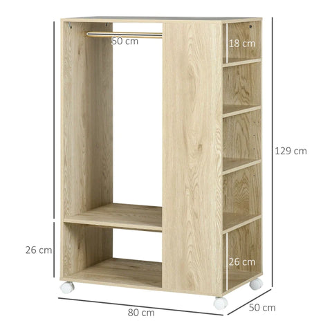 Rootz Kapstok - Kapstok - 1 Kledingroede - 5 Planken - Elegant Design - 1 Schoenenrek - Gemakkelijk schoon te maken - 4 Wielen - Spaanplaat - Naturel - 80L x 50B x ​​129Hcm