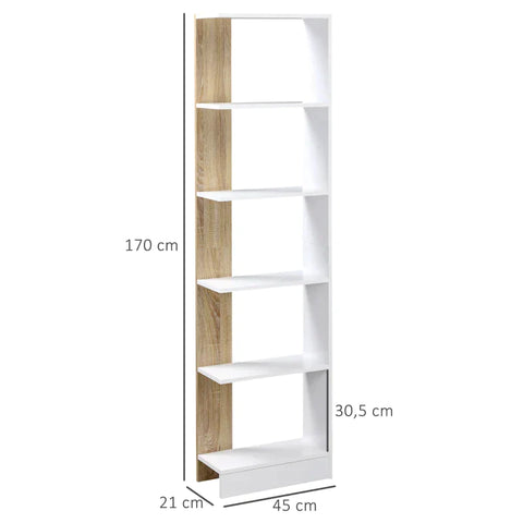 Rootz Free-standing Bookcase - 5-tier Office Shelving - Storage Shelving - Filing Shelving - Kitchen Shelving - Oak/White - 45 x 21 x 170 cm