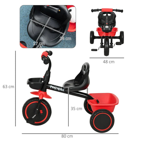 Rootz Children's Tricycle - Lap Belt - 2 Baskets - Height-adjustable Seat - Metal Frame - Children 2-5 Years - Steel Plastic - Black+red - 80L x 48W x 63H cm