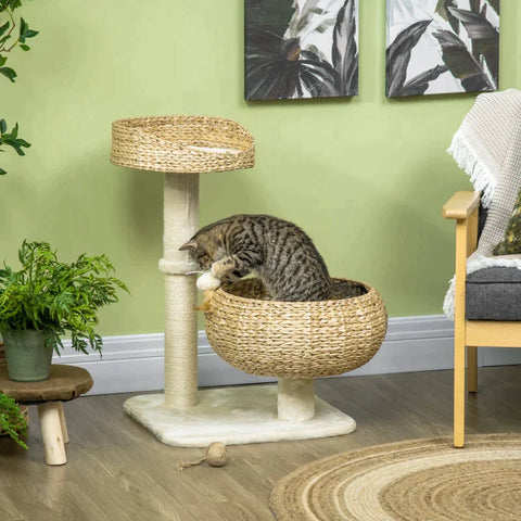 Rootz Scratching Post - Two Cat Beds - With Washable Cushions - Two Scratching Posts - Toy Ball - Beige/Cream White - 48 x 48 x 72cm