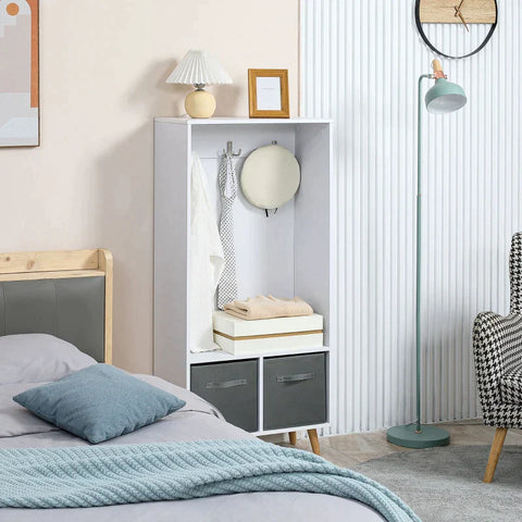 Rootz Wardrobe - 3 Hooks - 2 Fabric Drawers - Nordic Design - White + Grey - 61 x 29.6 x 132cm