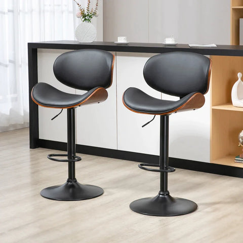 Rootz Bar Stool Set - Height Adjustable - Swivel Faux Leather - Steel Frame - Black - 53 x 50.5 x 112.5 cm