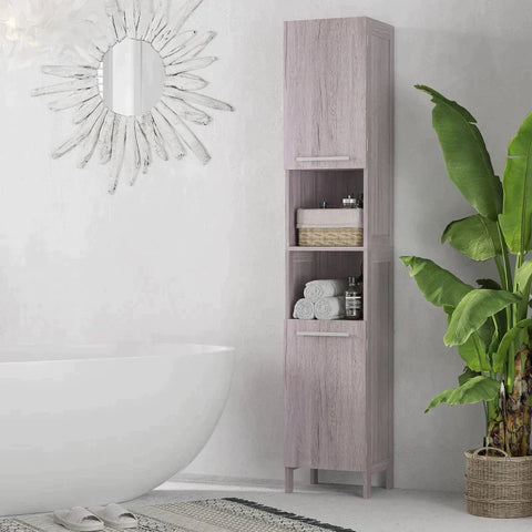Rootz Bathroom Cabinet - Tall Cabinet - Bathroom Floor Cabinet - Bathroom Shelf - Tall And Narrow - 2 Cabinet Compartments - 2 Open Shelves - Grey - 30 x 32 x 172.5cm